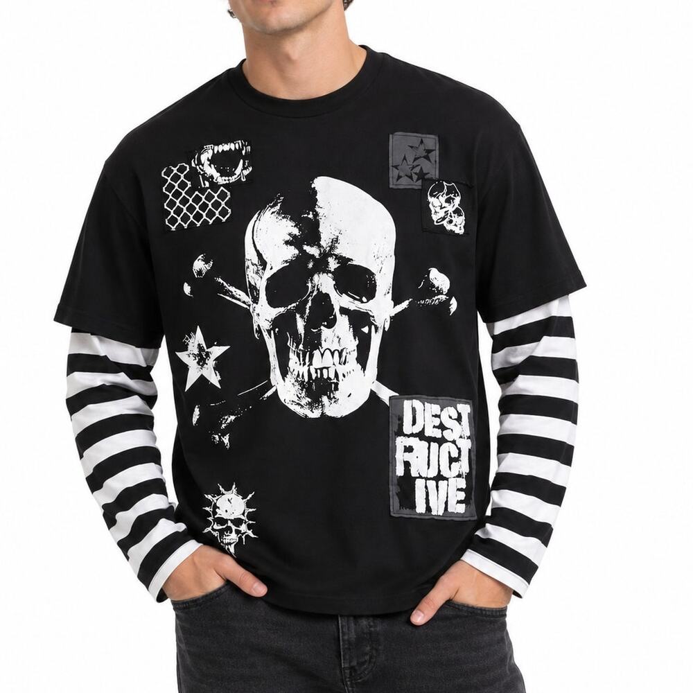 Social Collision Skull Graphic Striped Sleeve Long Sleeve Tee Men's Medium